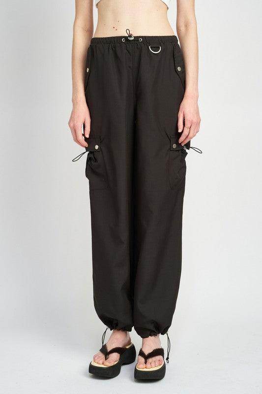 Emory Park women's vacation style cargo pants in black with drawstring and adjustable hems