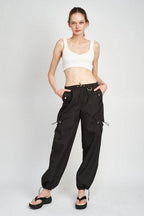 Emory Park Women's Vacation Style Cargo Pants in Black with Side Pockets and Adjustable Cuffs
