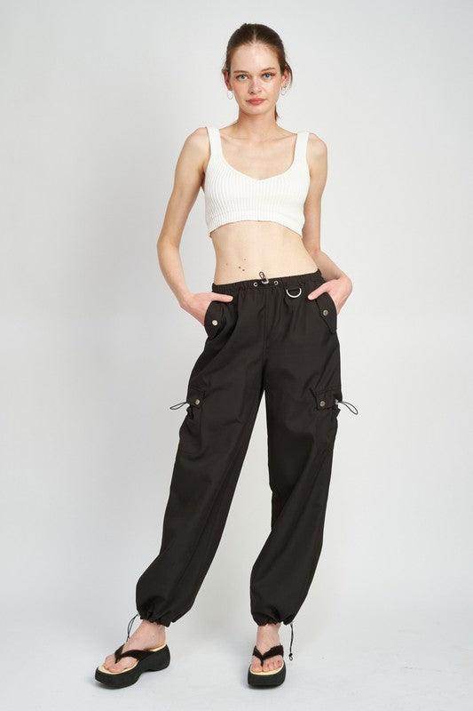 Emory Park Women's Vacation Style Cargo Pants in Black with Side Pockets and Adjustable Cuffs