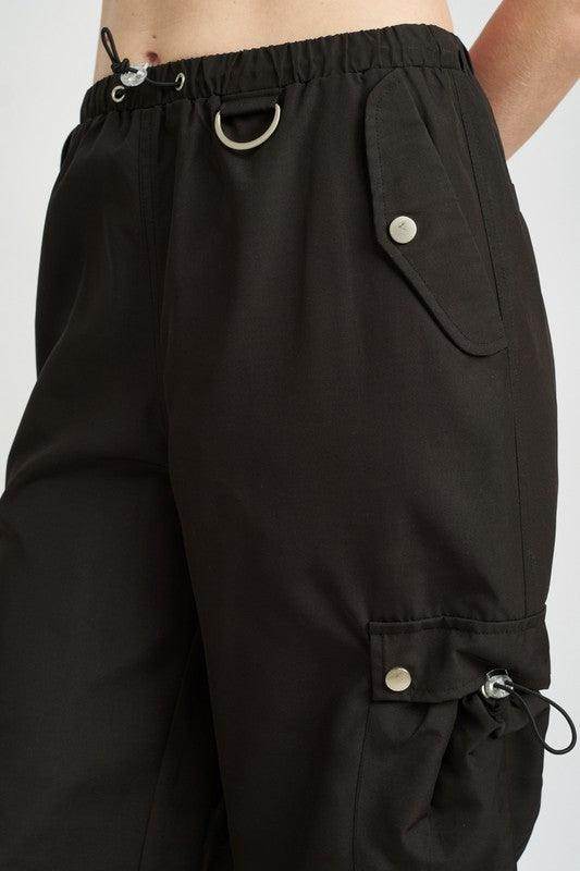 Emory Park women's vacation style cargo pants in black with adjustable waistband and pockets