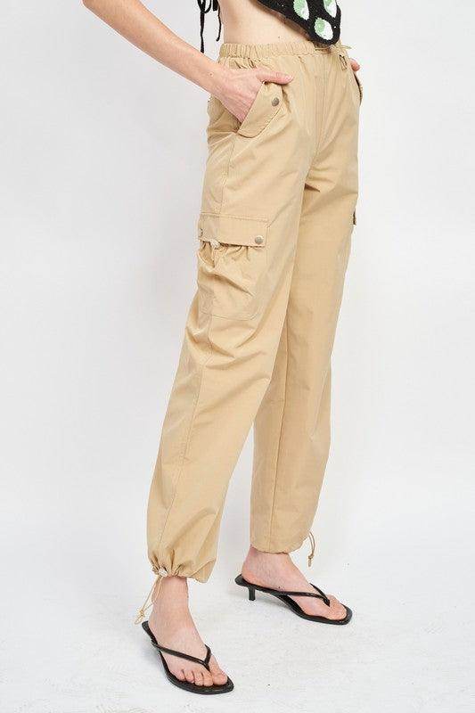 Emory Park women's vacation style cargo pants in beige with elastic waist and adjustable cuffs