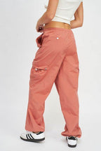Emory Park Women's Vacation Style Cargo Pants in Peach with Elastic Waist and Side Pockets
