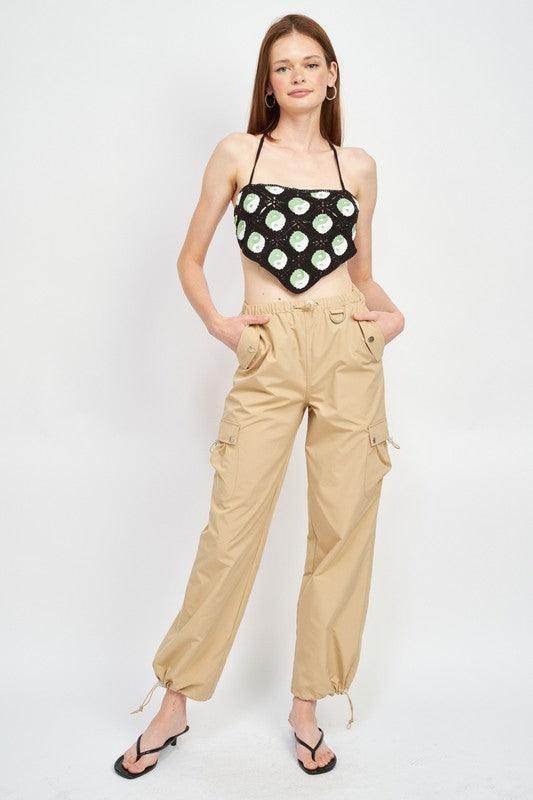 Emory Park Women's Vacation Style Cargo Pants in Khaki with Side Pockets and Drawstring Cuffs