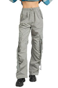 Emory Park women's vacation style cargo pants in light gray with utility pockets and adjustable straps
