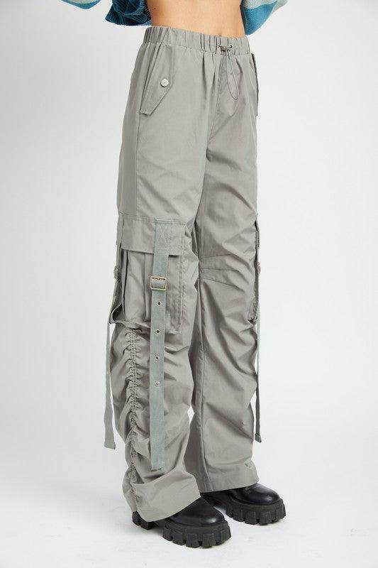 Emory Park women's vacation style cargo pants in light grey with adjustable straps and side pockets