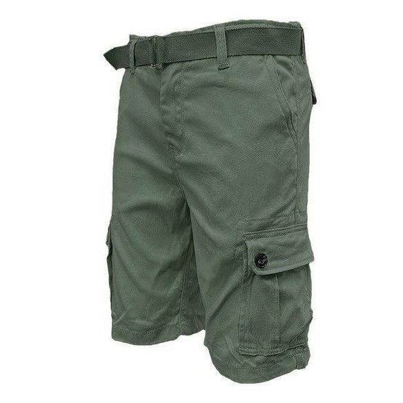 WEIV men's vacation style cargo shorts in olive green with multiple pockets and adjustable belt