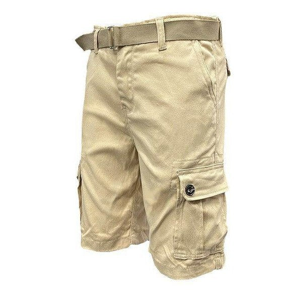 WEIV men's vacation style cargo shorts in beige with multiple pockets and adjustable belt