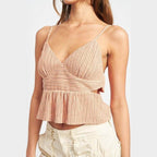 Emory Park vacation style crop top in textured peach fabric with adjustable straps