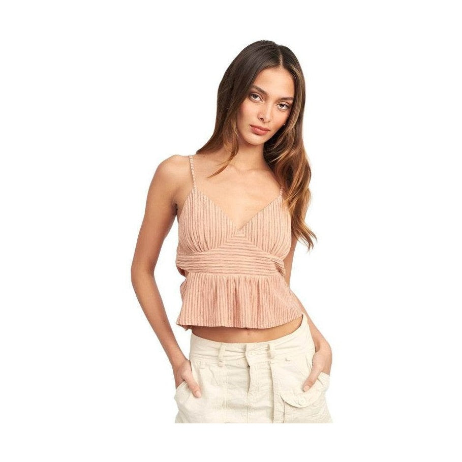 Emory Park vacation style crop top in soft pink with a pleated design and adjustable straps