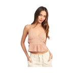 Emory Park vacation style crop top in soft pink with a pleated design and adjustable straps