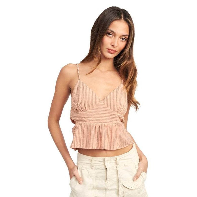 Emory Park vacation style crop top in soft pink with a pleated design and adjustable straps