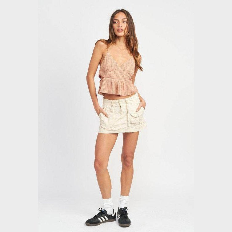 Emory Park women's vacation style crop top in peach with adjustable straps and pleated design