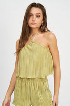 Emory Park Women's Vacation Style Crop Tops in Light Green Pleated Design for Summer Outfits