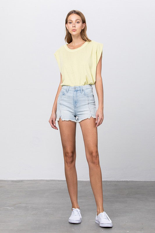 Insane Gene vacation style denim shorts in light wash with frayed hem for summer outfits