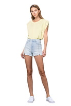 Insane Gene vacation style denim shorts in light wash with frayed hem and high-waisted fit