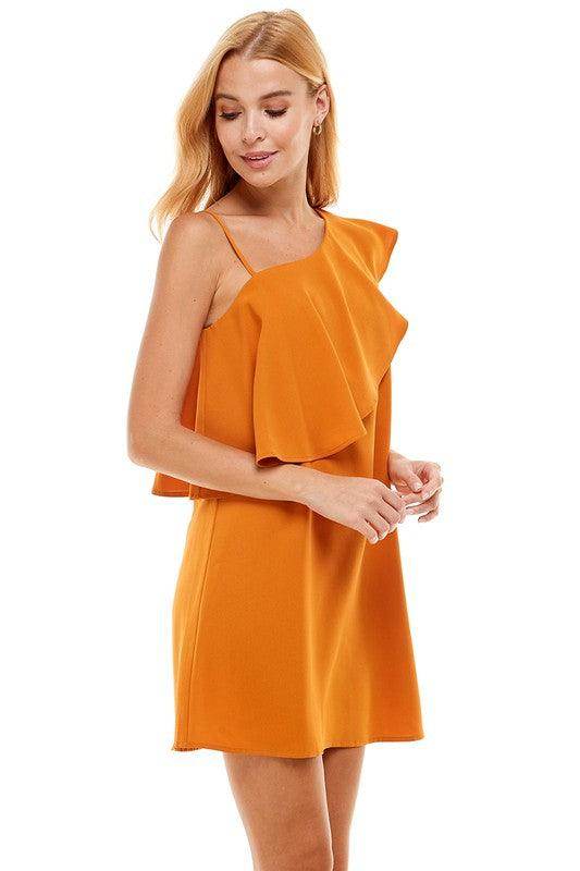 TCEC Women's Vacation Style Dress in Orange with Ruffled Detail and Adjustable Straps
