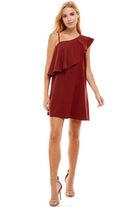 TCEC Women's Vacation Style Dress in Burgundy with One Shoulder Ruffle Detail
