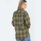 Back view of Women's Vacation Style Flannel Shirt in green plaid design for casual wear