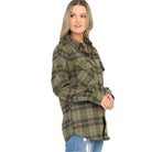 Women's Vacation Style Flannel Shirt in Olive Green with Classic Plaid Design and Front Pockets