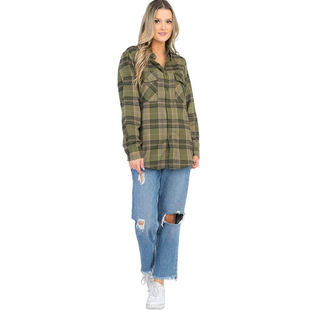 Women's VacationGrabs vacation style flannel shirt in green plaid with pockets for a relaxed look