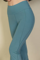 VacationGrabs women's vacation style flare leg trousers in teal with high waist and seamless design