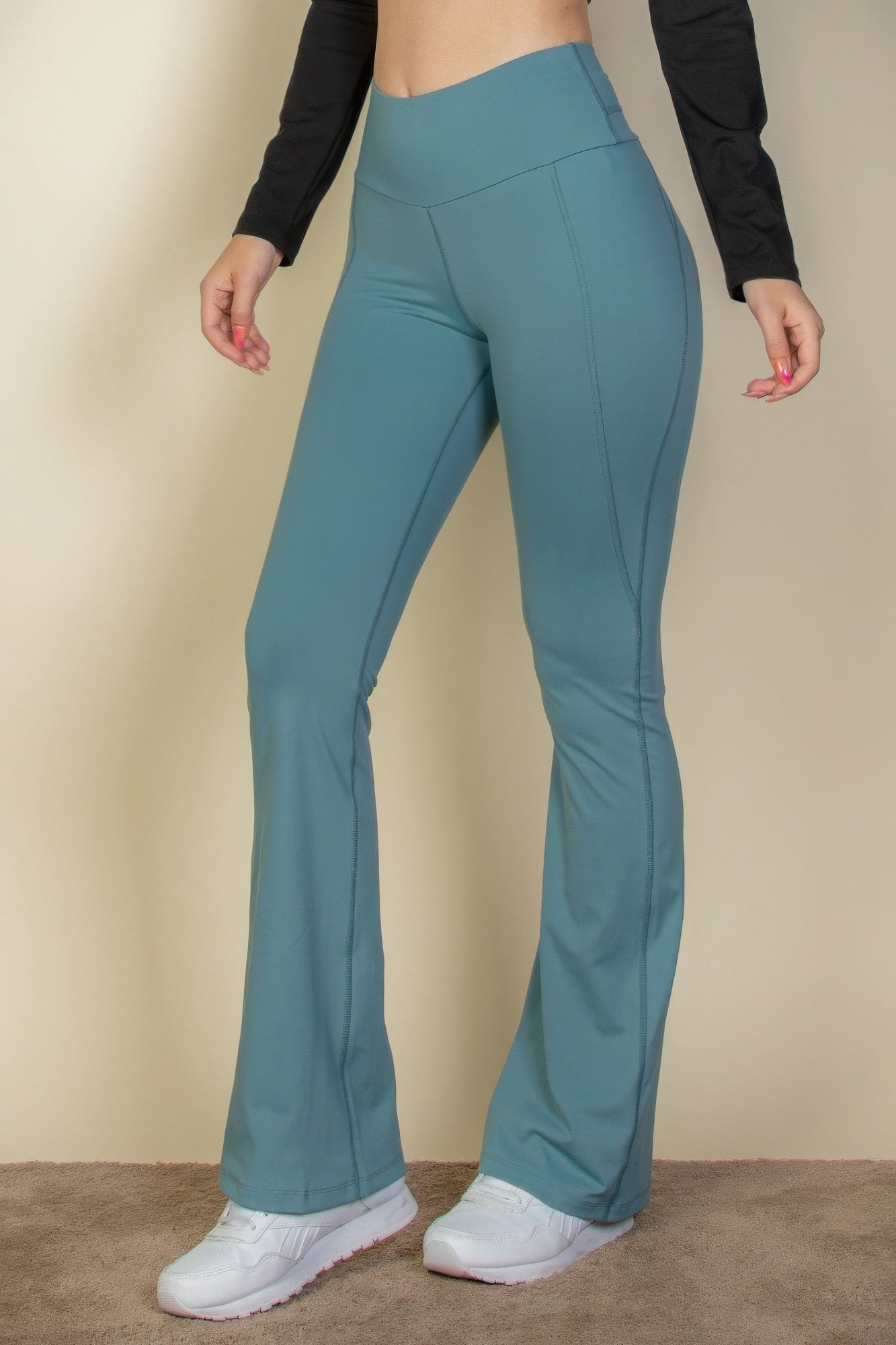 VacationGrabs women's vacation style flare leg trousers in teal with high waist and comfortable fit
