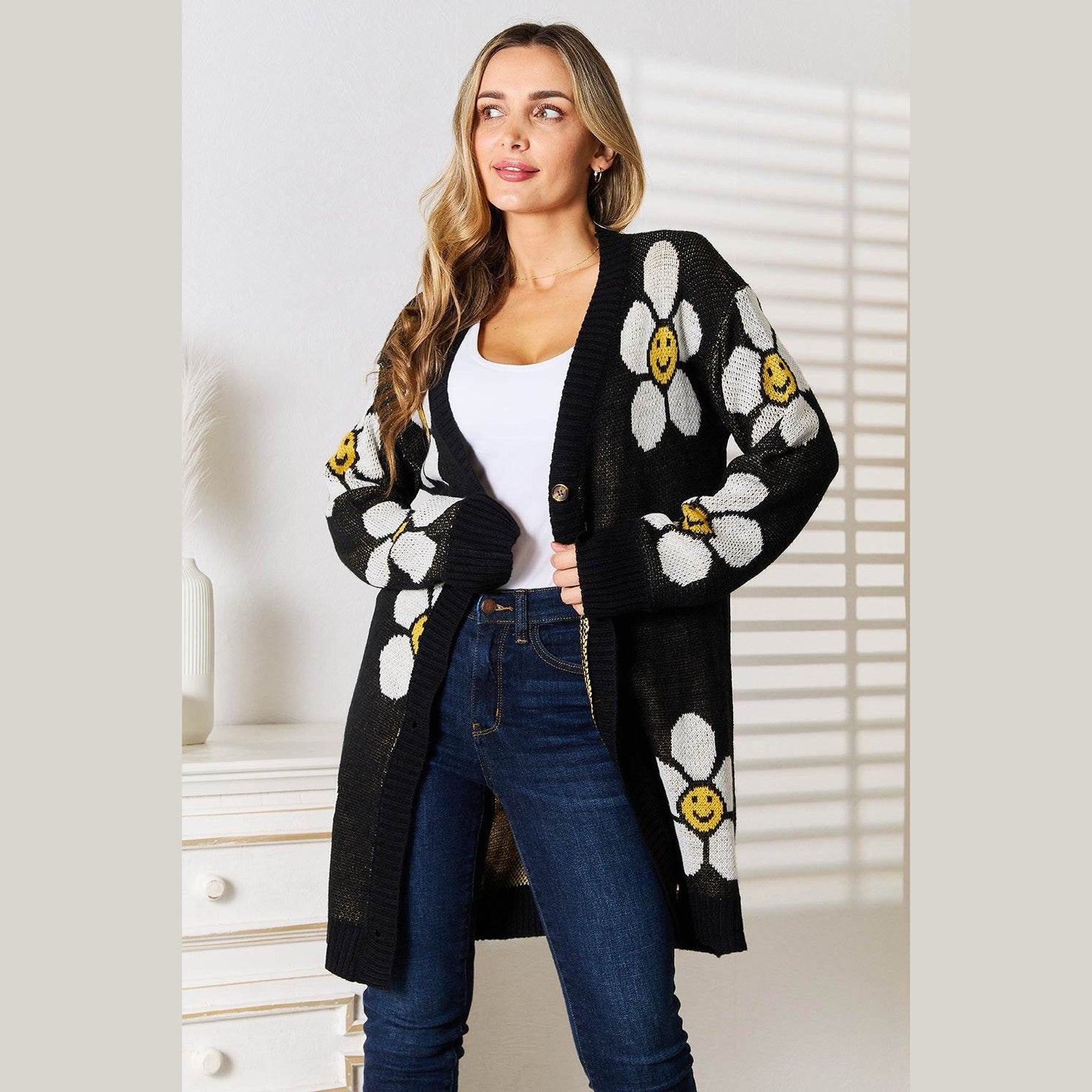 Trendsi vacation style floral cardigan in black with smiley flowers for a cheerful look