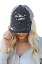 Women's vacation style hats by Ocean and 7th featuring a distressed caffeine queen design