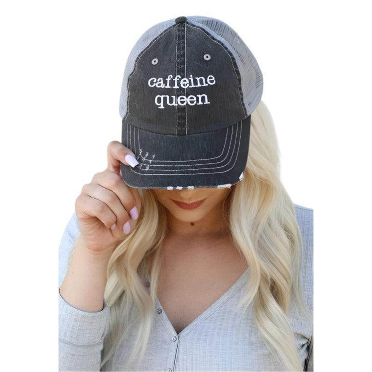 Women's vacation style hats by Ocean and 7th featuring a distressed caffeine queen design