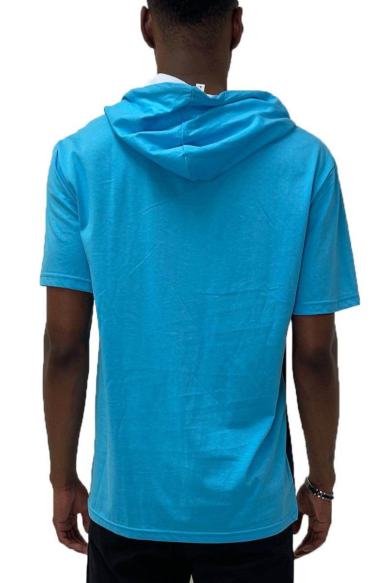 Men's vacation style hooded t-shirt in light blue, perfect for casual summer outings