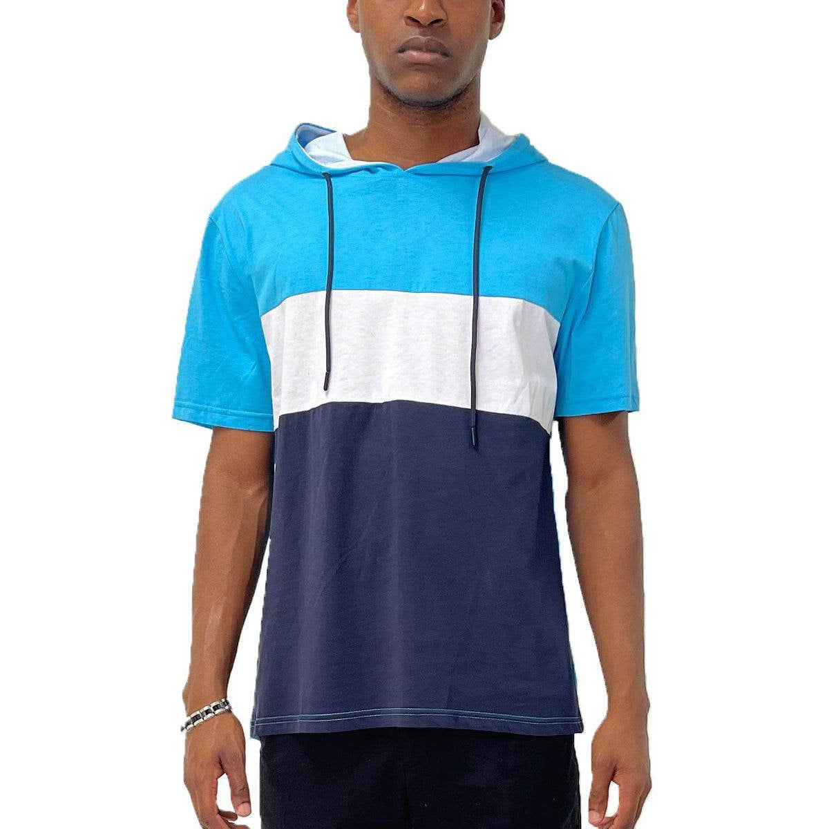 Vacation style hooded t-shirt in blue and navy color blocking for casual summer wear