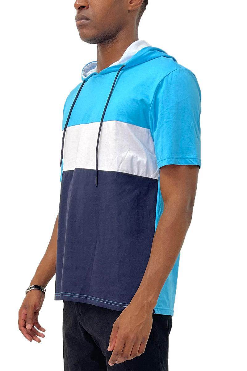 Vacation style hooded t-shirt in blue and white color blocks for casual summer wear