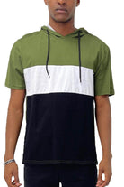 Men's vacation style hooded t-shirt in green, white, and black color block design for casual wear
