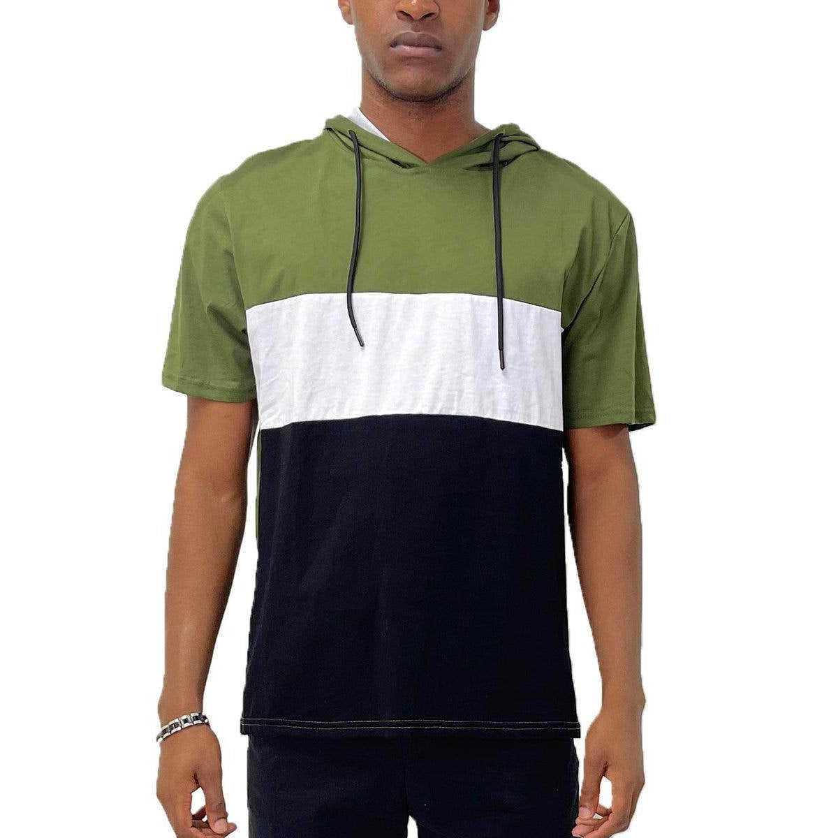 Men's vacation style hooded t-shirt in green, white, and black color block design for casual wear