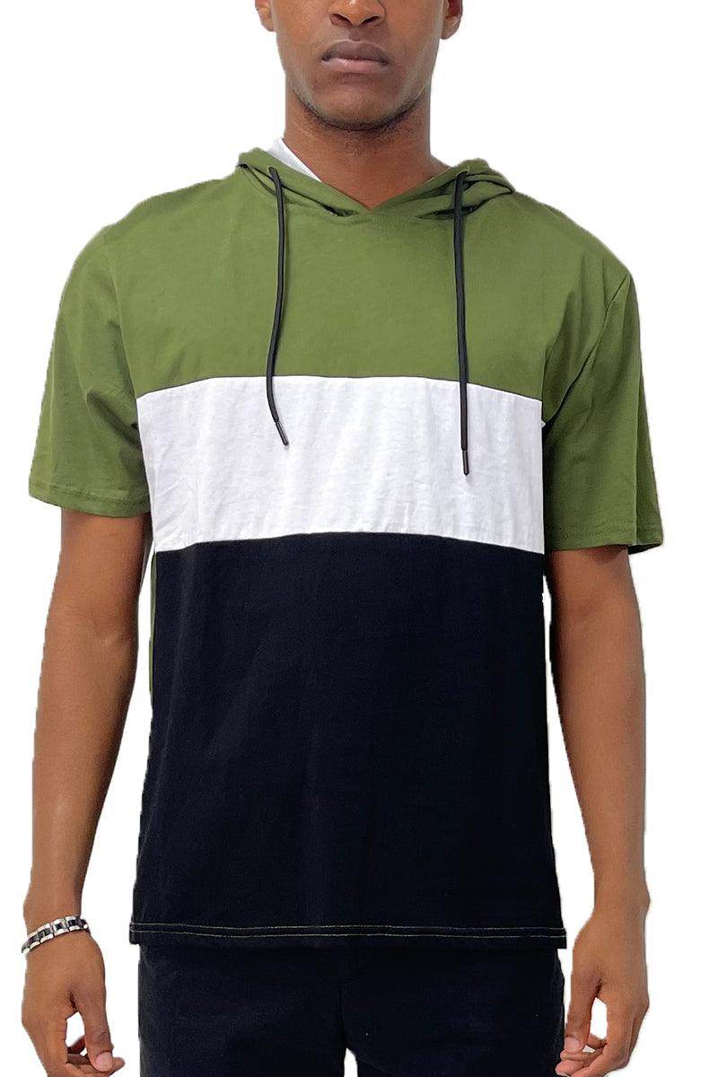 Men's vacation style hooded t-shirt in green, white, and black color block design for casual wear