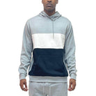 Men's vacation style hoodies in gray, white, and black color block design with front pocket