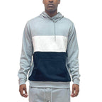 Men's vacation style hoodies in gray, white, and black color block design with front pocket