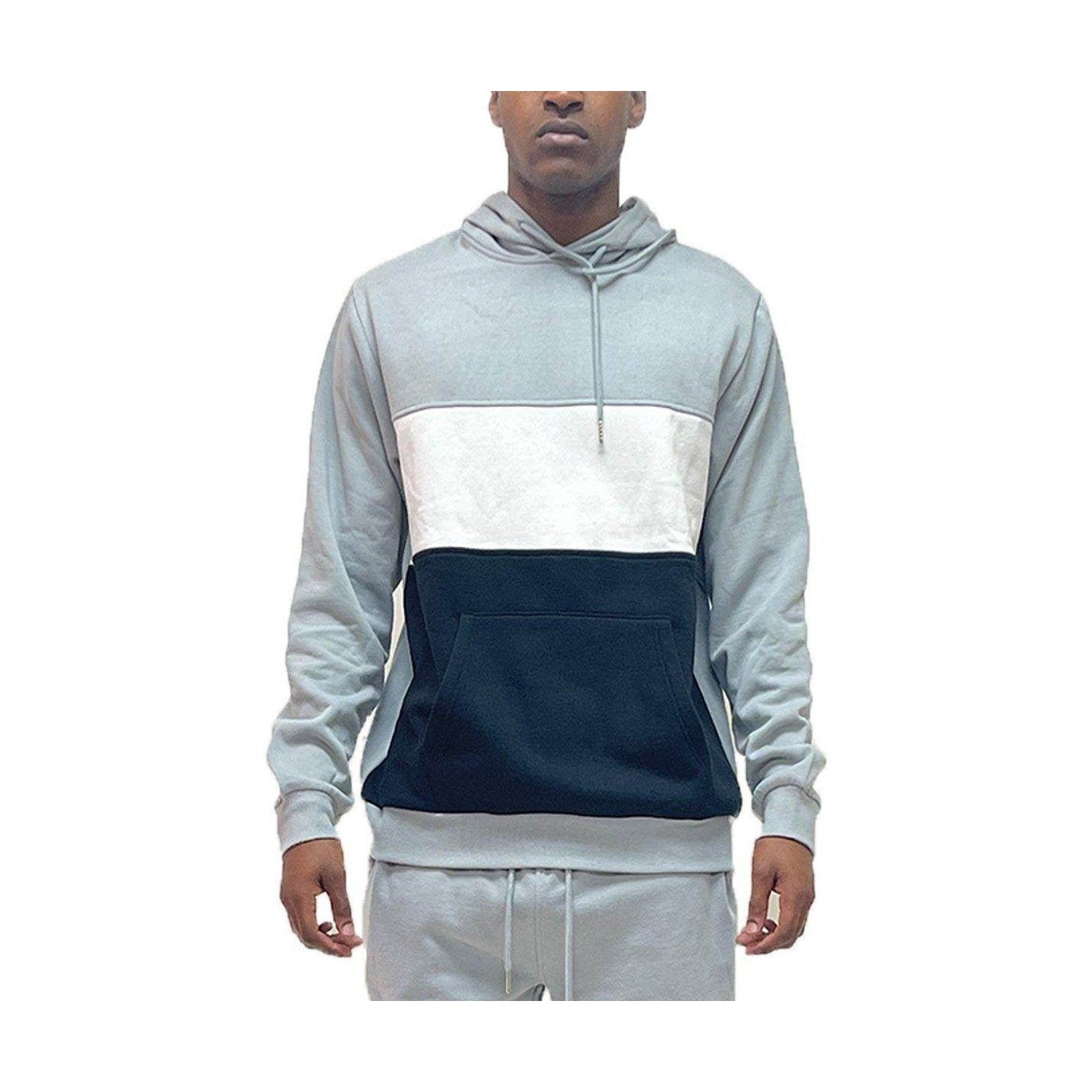 Men's vacation style hoodies in gray, white, and black color block design with front pocket