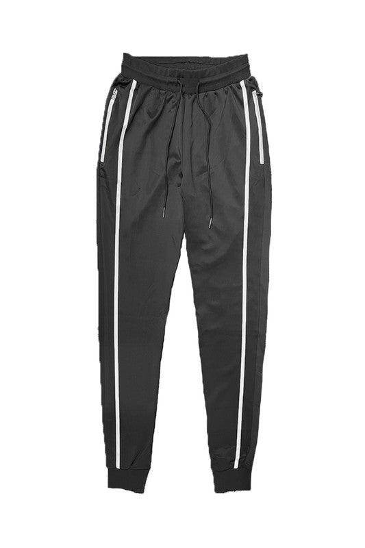 WEIV Men's Vacation Style Joggers in Black with White Side Stripes and Adjustable Waistband