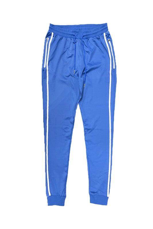 WEIV Men's Blue Vacation Style Joggers with White Side Stripes and Adjustable Waistband