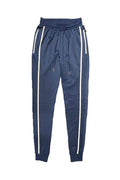 Men's WEIV vacation style joggers in navy blue with white side stripes and adjustable waist