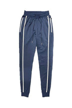 Men's WEIV vacation style joggers in navy blue with white side stripes and adjustable waist
