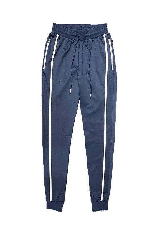 Men's WEIV vacation style joggers in navy blue with white side stripes and adjustable waist