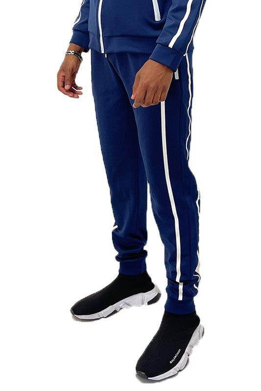 WEIV Men's Vacation Style Joggers in Navy with White Side Stripes for Comfortable Wear