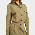 Emory Park Women's vacation style jumpsuit in khaki with buttoned pockets and tailored fit