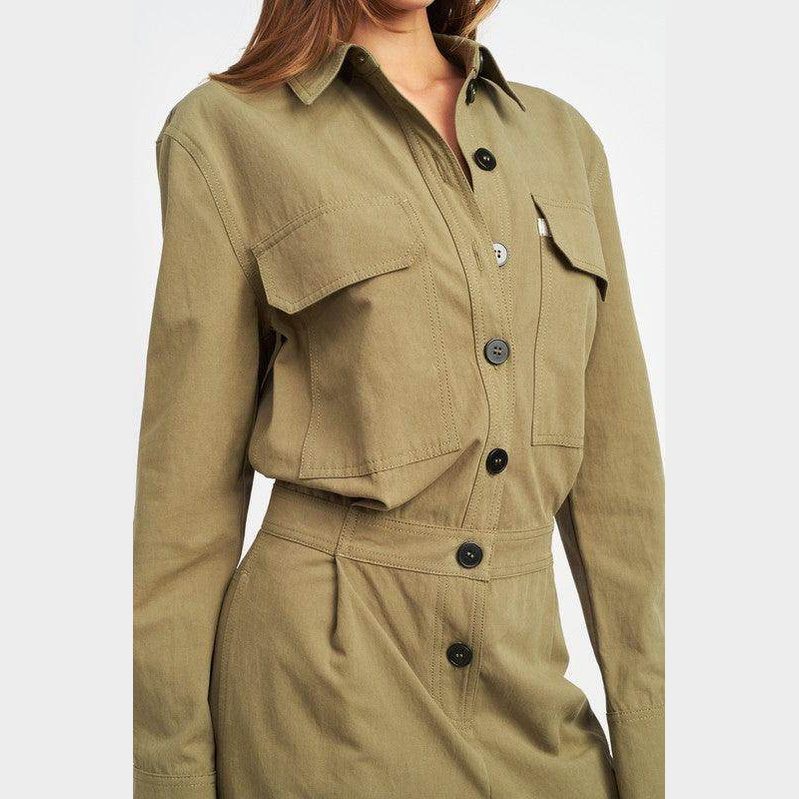 Emory Park Women's vacation style jumpsuit in khaki with buttoned pockets and tailored fit