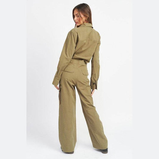 Emory Park stylish women's vacation style jumpsuit in olive green with wide legs and a back pocket design