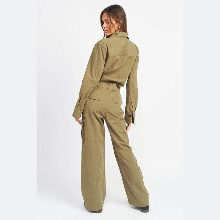 Emory Park stylish women's vacation style jumpsuit in olive green with wide legs and a back pocket design