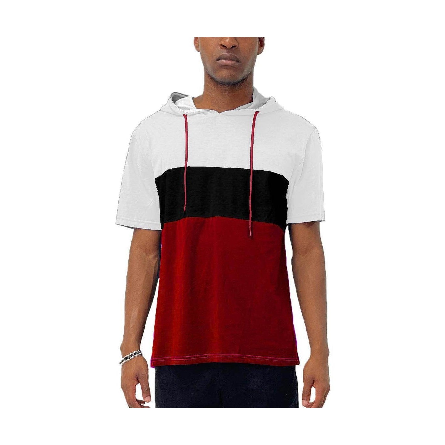 Vacation style mens tshirt with a stylish hood and bold color block design in red, black, and white