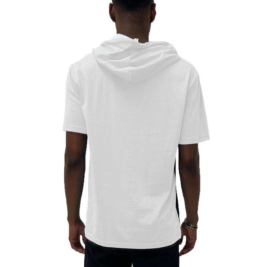 Back view of a VacationGrabs vacation style mens tshirt in white with a hood